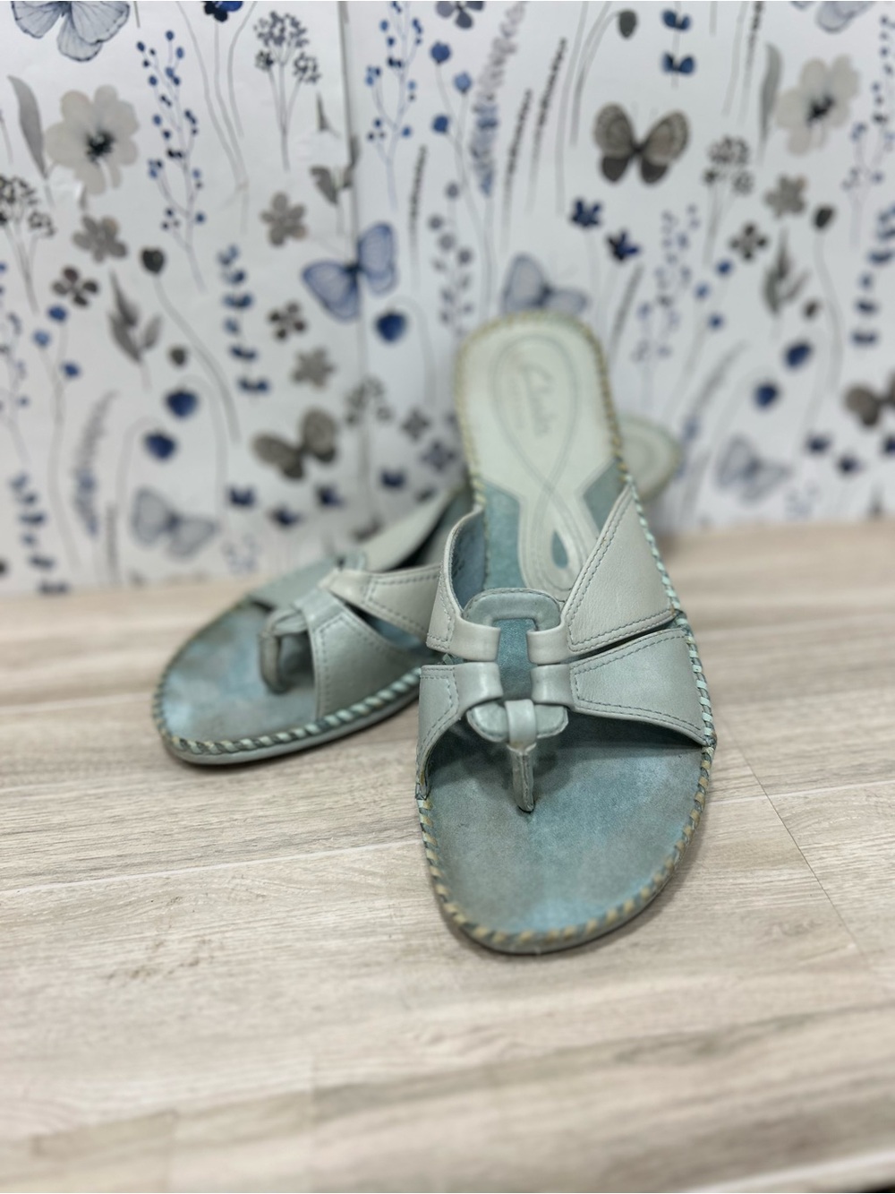 Clarks Artisan Blue Leather Wedge Sandals Womens 7.5 M
